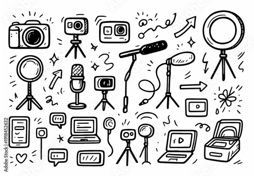 hand drawn doodle vector set of vlogging setup camera tripod and microphone illustrated in a fun and playful style isolated on white background