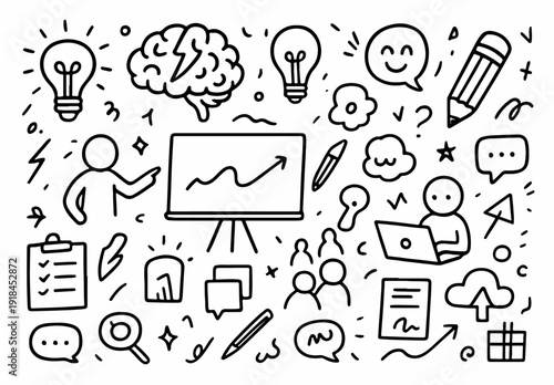 hand drawn doodle vector set of brainstorming and creative thinking elements illustrated in a fun and innovative style isolated on white background