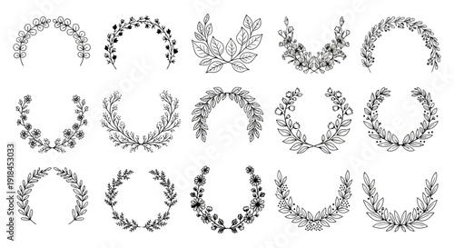 A collection of elegant black and white floral wreath illustrations showcasing various leaf and flower arrangements in a minimalist style.