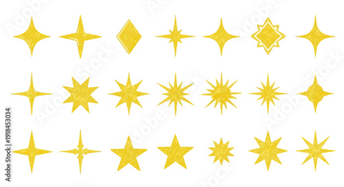 Collection of golden star-shaped icons in various designs on a clean background viewed from directly above