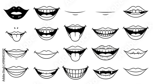 Collection of various mouth and lip illustrations showcasing different expressions and emotions in black and white line art