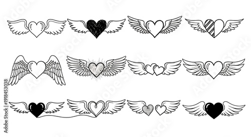 Collection of heart and wing illustrations in various designs and styles, showcasing different artistic interpretations and elements on a clean background from a direct viewpoint.