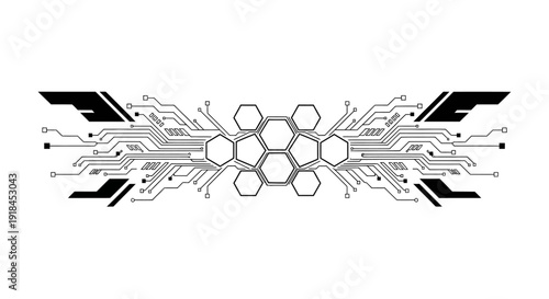 Futuristic circuit design featuring molecular structure with hexagonal patterns and sleek technological elements in a symmetrical layout