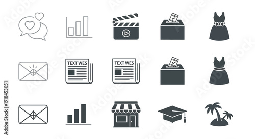 Collection of simple black and gray icons representing various concepts like communication, media, education, and business on a white background viewed from directly above.