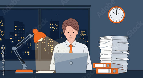 Man working late on laptop at office desk with stacks of documents and lamp beside a window at night time