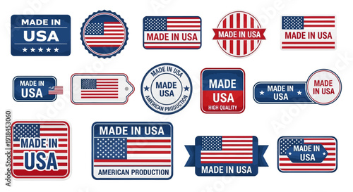 Collection of red, white, and blue 'Made in USA' labels and stamps featuring American flags