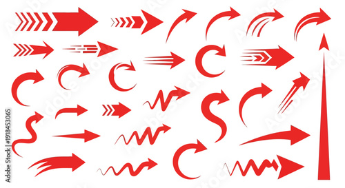 Various red arrows pointing in different directions, showcasing diverse designs and styles, illustrating direction and movement in a graphic illustration