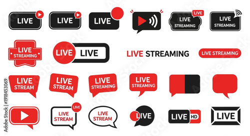 A collection of live streaming icons and labels displayed on a clean white background, showcasing various designs and layouts.
