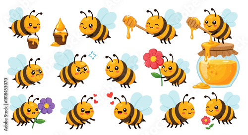 A collection of cartoon bees and honey-related items on a plain white background, viewed from directly above.
