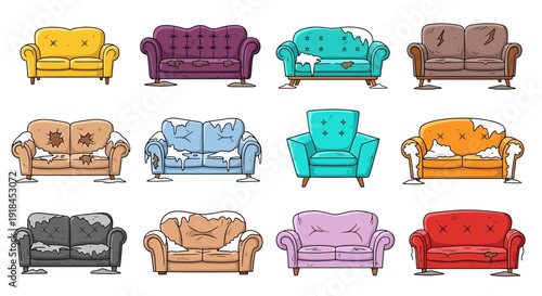 Assorted colorful sofas arranged in three rows showcasing various styles and designs in a clean illustration