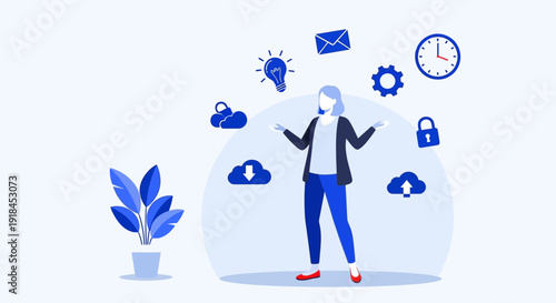 A person contemplating digital security and communication elements surrounding them in a serene indoor setting