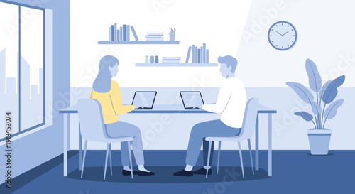 Two individuals collaborating on laptops in a modern office space with a serene atmosphere and natural light pouring in