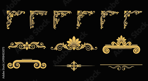 Collection of ornate golden decorative elements and flourishes on a dark background displayed in a grid pattern from a straightforward viewpoint