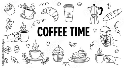 A variety of coffee-themed illustrations surrounding the text COFFEE TIME, featuring cups, pastries, and coffee makers in a minimalist black and white design.