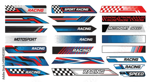 Collection of racing decals and stickers with checkered flags and speed themes displayed in a grid arrangement on a clean background from a top-down viewpoint