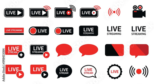 Collection of various live streaming icons and symbols displayed on a set of rectangular and circular badges