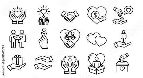 Collection of simple line icons representing charity, donation, and community service, illustrating concepts of kindness and support