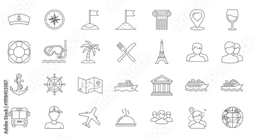 Collection of line icons representing travel, tourism, and adventure elements viewed from a straightforward perspective