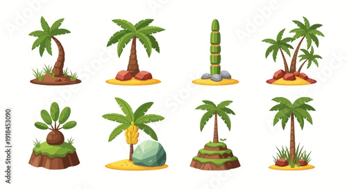 Collection of cartoon palm trees and tropical islands on small sandy beaches with lush greenery from a direct overhead viewpoint