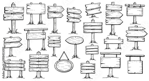 Collection of assorted blank billboards and signboards in various shapes and orientations, drawn from a straightforward perspective.