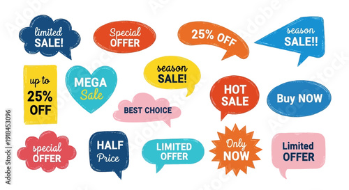 A collection of colorful sale banners with various discount offers and promotions displayed together in a collage view from a straightforward perspective.