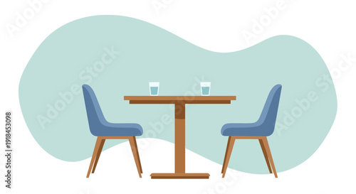 A simple table set for two people with blue chairs in a minimalist environment viewed from the front