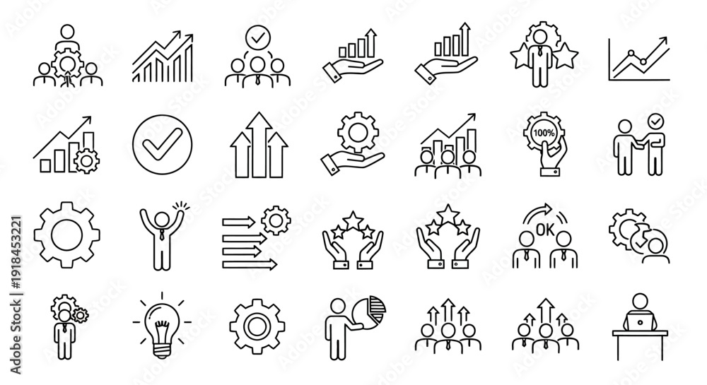 Fototapeta premium Collection of simple line icons representing business concepts, including charts, graphs, and people, in a straightforward style on a clean background, viewed directly.