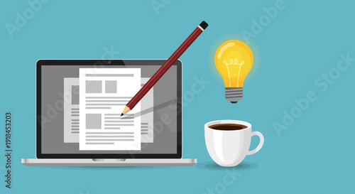 A laptop screen displays a document being edited with a pencil, accompanied by a cup of coffee and a bright idea represented by a light bulb.