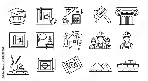 A collection of line icons representing various construction and education concepts, displayed in a grid layout from a straightforward viewpoint.