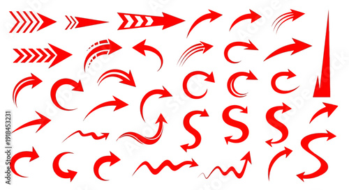 Collection of assorted red arrows and curved shapes indicating direction and movement in a digital illustration