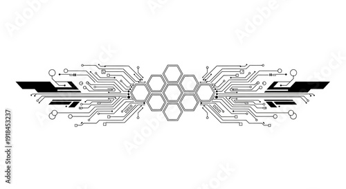 Futuristic circuit board with molecular structure illustration showcasing technology and innovation in a sleek design from a frontal viewpoint