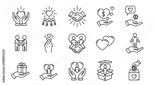 Collection of simple line icons representing various emotions and actions related to love, care, and connection in a minimalist style.