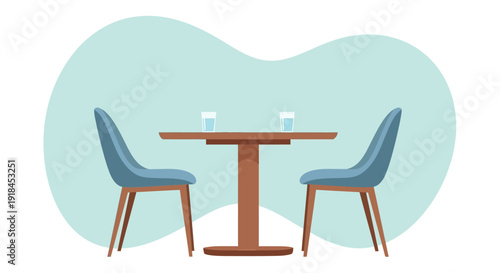 A table with two chairs and two glasses on a calm background viewed from the front.