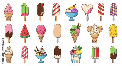 A colorful array of 21 assorted ice cream illustrations on sticks displayed in a grid pattern against a plain background from a direct viewpoint