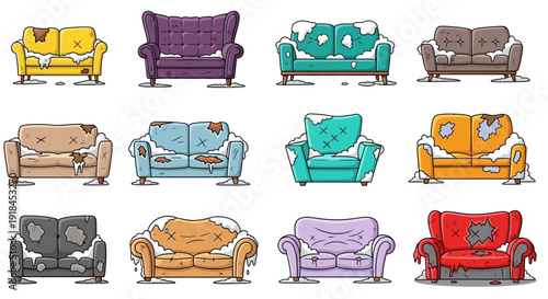 Collection of assorted colorful sofas and armchairs arranged in a grid pattern on a plain white background from a direct overhead viewpoint