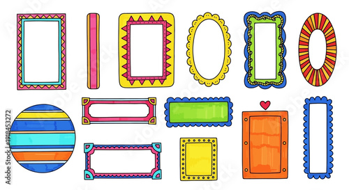 Collection of colorful frames and shapes arranged in a grid pattern on a clean background