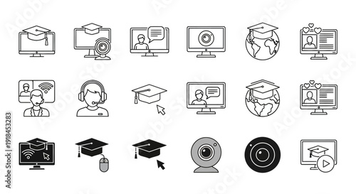 A collection of simple icons representing education and technology displayed on a clean white background from a straightforward viewpoint