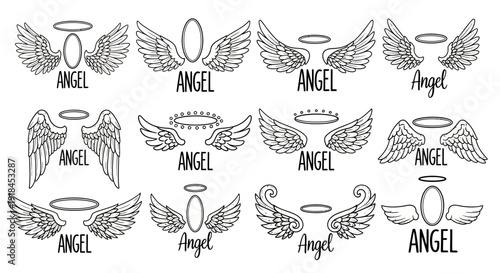 Collection of angel wing designs and halo symbols in various styles and artistic interpretations