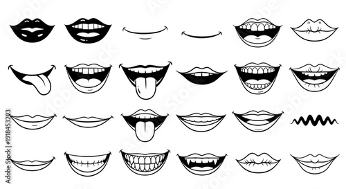 Collection of various lip and mouth illustrations showcasing different expressions and styles in a graphic design context