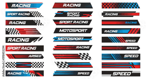 Collection of racing-themed graphic elements including checkered flags and speed indicators