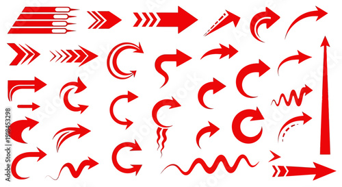 Collection of red arrows and pointers in various styles and directions on a plain background
