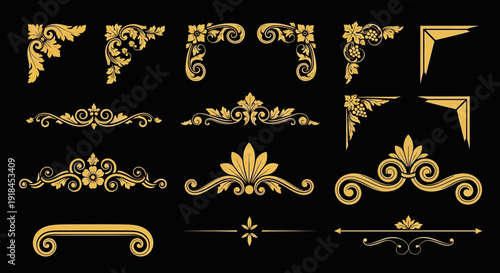 Collection of ornate golden decorative elements and flourishes on a black background