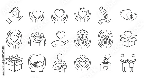 Collection of Simple Line Icons Representing Charity and Love in Various Forms and Themes