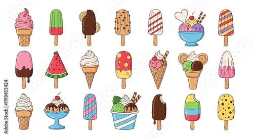 A colorful assortment of ice cream cones and popsicles displayed on a transparent background, featuring various flavors and toppings from a direct viewpoint.