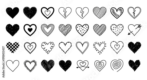 Assorted hand drawn heart illustrations in various styles and designs on a clean background