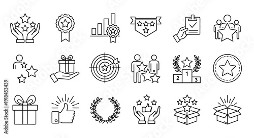A collection of simple line icons representing awards, achievements, and appreciation, set against a clean white background from a straightforward viewpoint.