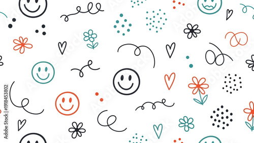 smiley faces and doodle flowers pattern.