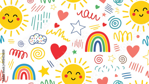 Smiling Sun Pattern with Joyful Faces.