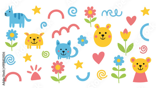 Bright Cute Cartoon Animals Pattern with Flowers.