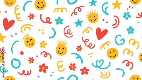 Bright Smiley Face Pattern with Colorful Doodles.